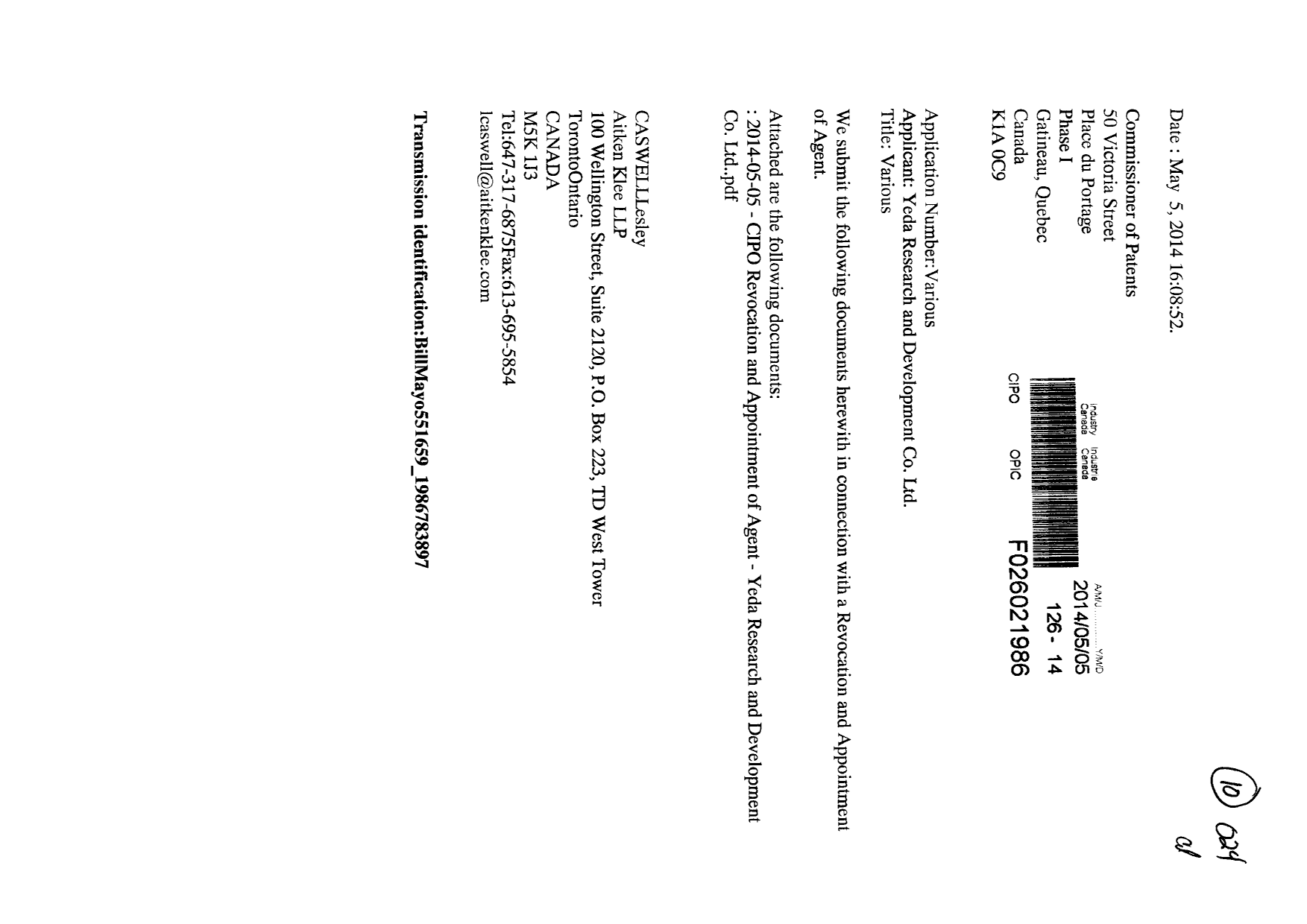 Canadian Patent Document 2702437. Correspondence 20131205. Image 1 of 4