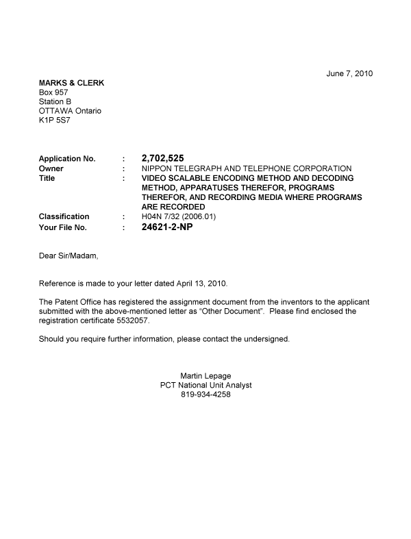 Canadian Patent Document 2702525. Correspondence 20100607. Image 1 of 1