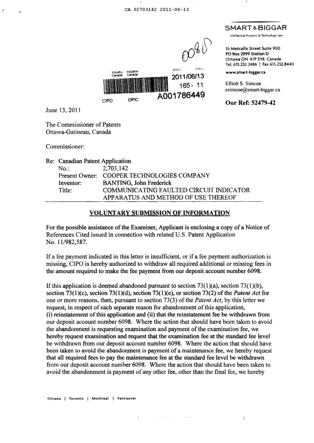 Canadian Patent Document 2703142. Prosecution-Amendment 20110613. Image 1 of 2