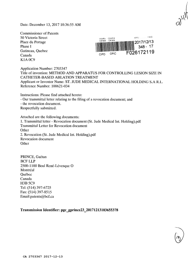 Document de brevet canadien 2703347. Changement de nomination d'agent 20171213. Image 1 de 3