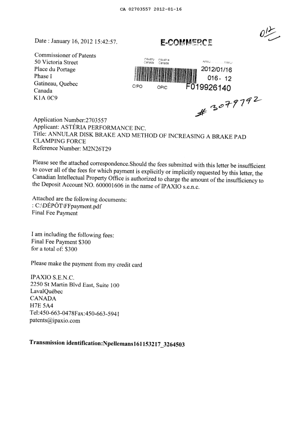Canadian Patent Document 2703557. Correspondence 20120116. Image 1 of 3