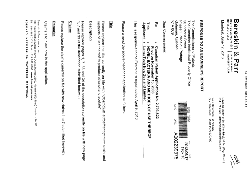 Canadian Patent Document 2703622. Prosecution-Amendment 20130617. Image 1 of 11