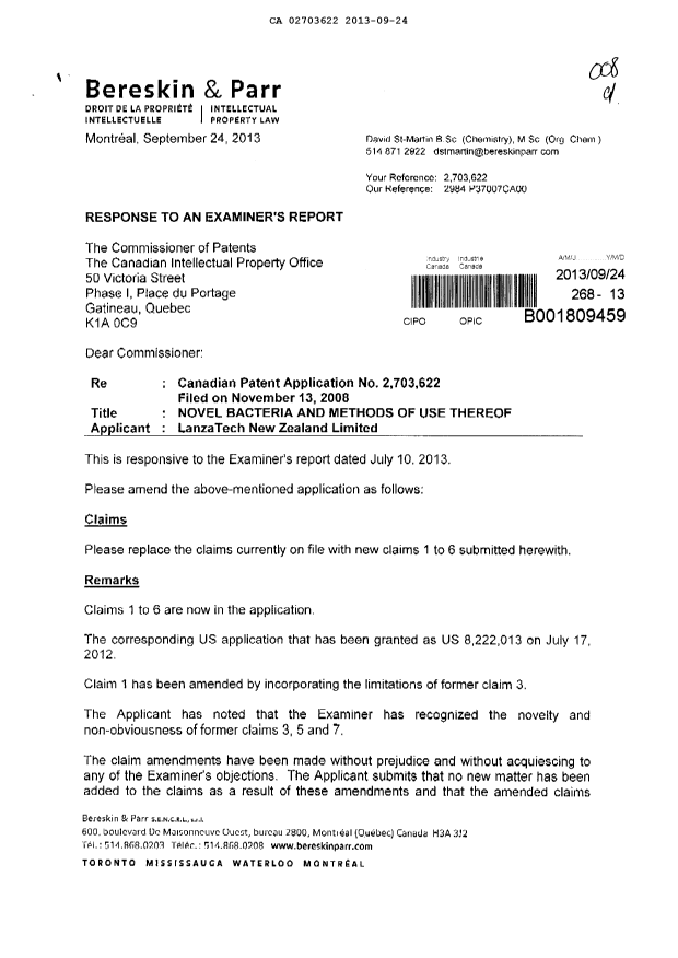 Document de brevet canadien 2703622. Poursuite-Amendment 20130924. Image 1 de 9