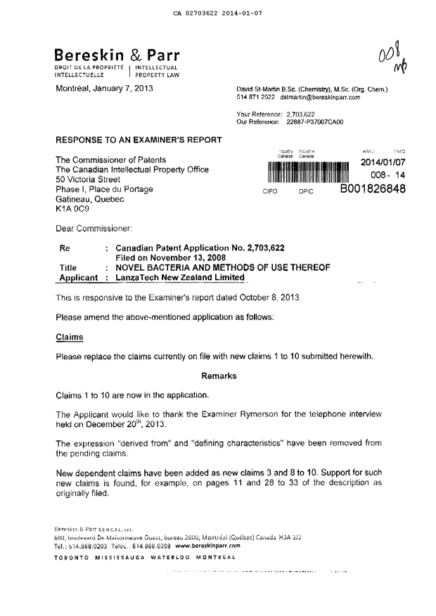 Canadian Patent Document 2703622. Prosecution-Amendment 20131207. Image 1 of 8