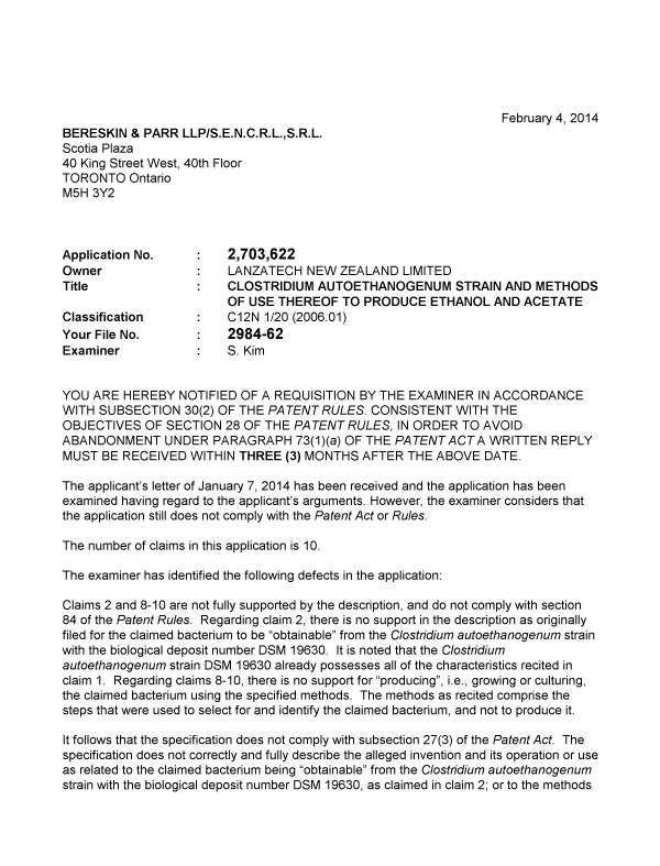 Canadian Patent Document 2703622. Prosecution-Amendment 20140204. Image 1 of 3