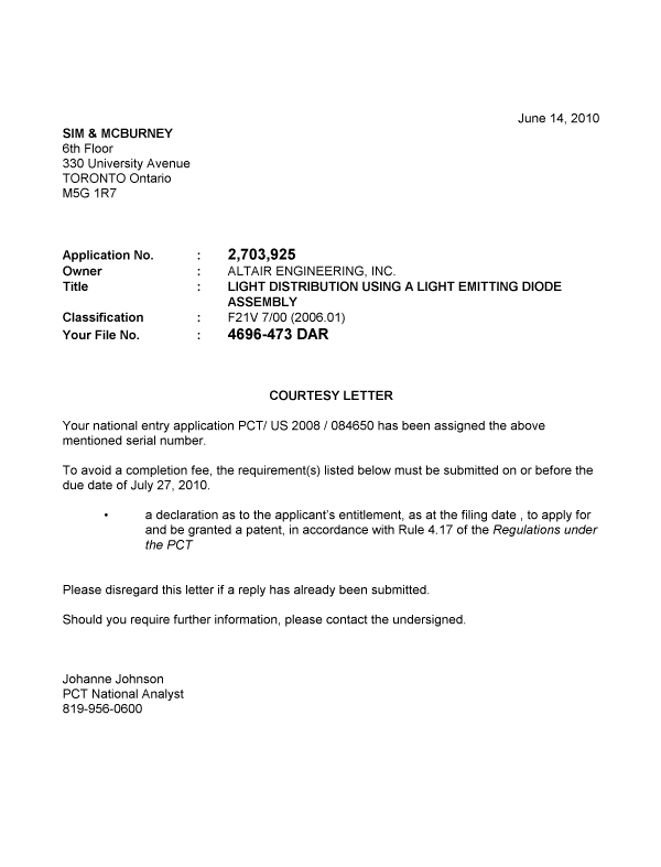 Canadian Patent Document 2703925. Correspondence 20091214. Image 1 of 1