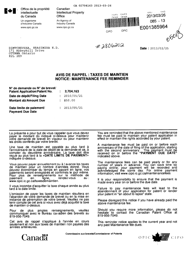 Canadian Patent Document 2704163. Fees 20121226. Image 1 of 1
