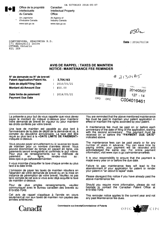 Canadian Patent Document 2704163. Fees 20131207. Image 1 of 3