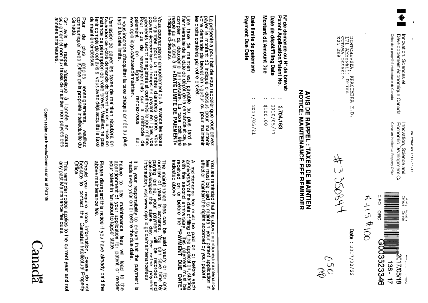 Document de brevet canadien 2704163. Taxes 20161218. Image 1 de 1