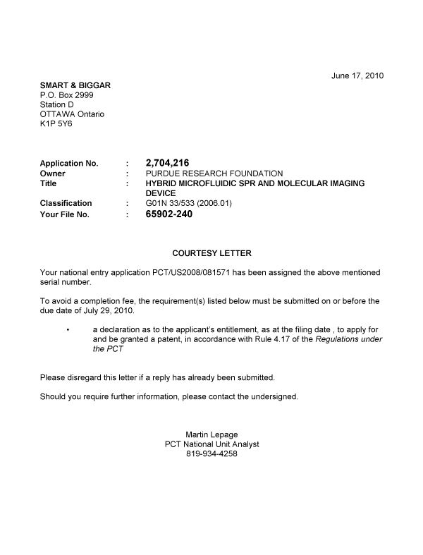 Canadian Patent Document 2704216. Correspondence 20091217. Image 1 of 1