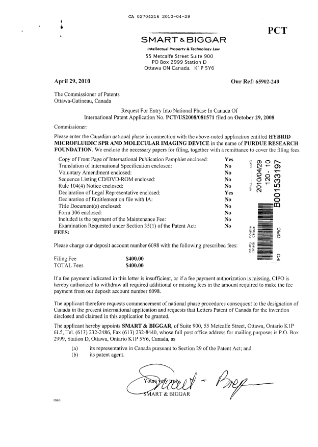 Canadian Patent Document 2704216. Assignment 20091229. Image 1 of 2