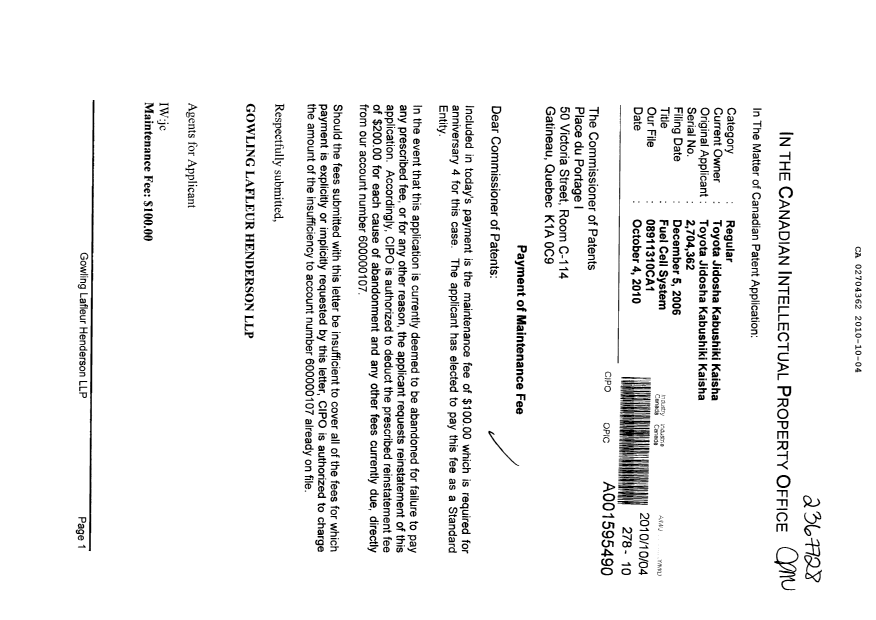 Canadian Patent Document 2704362. Fees 20091204. Image 1 of 1