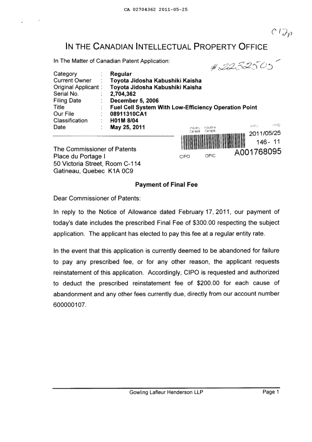 Document de brevet canadien 2704362. Correspondance 20101225. Image 1 de 2
