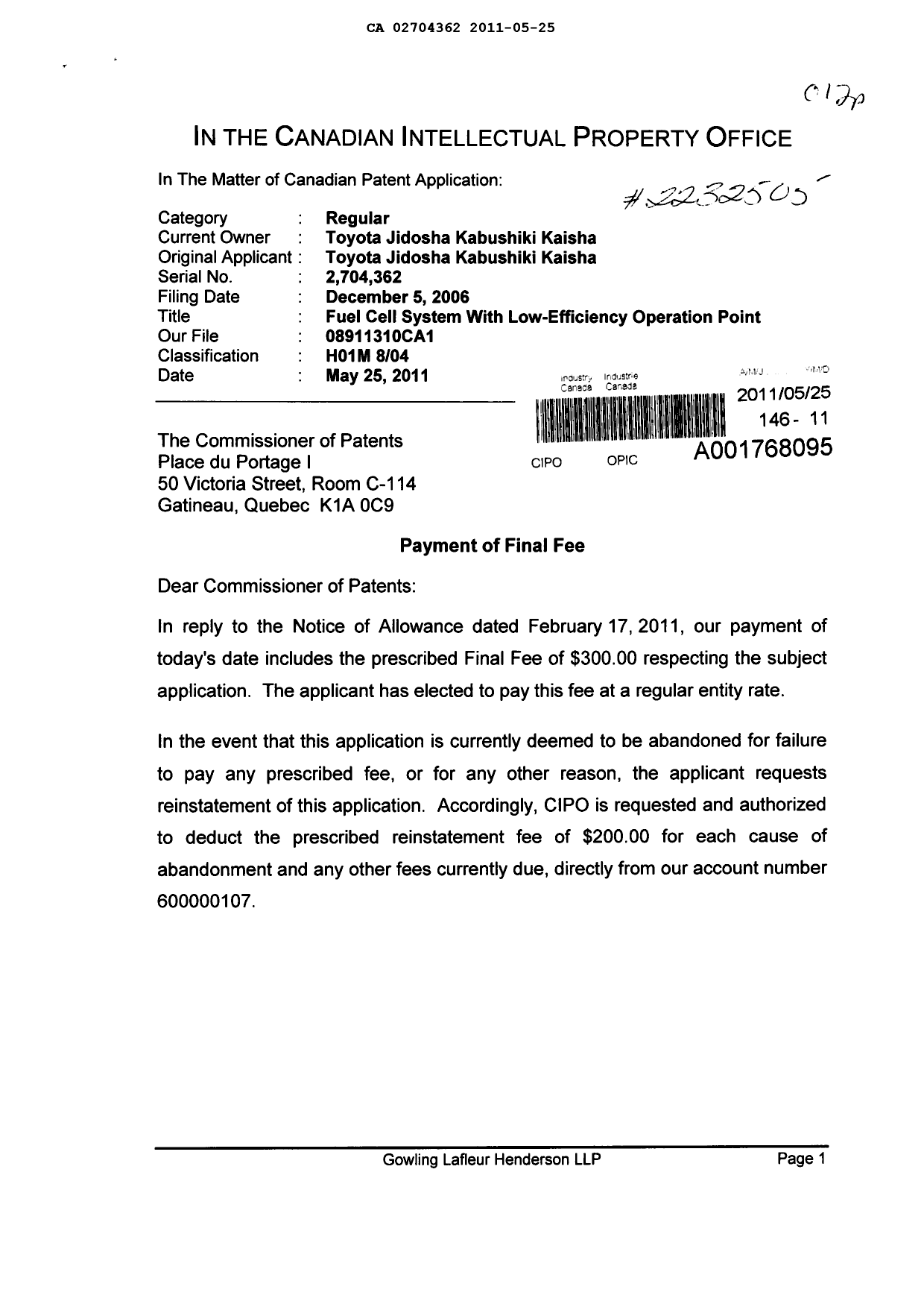Document de brevet canadien 2704362. Correspondance 20101225. Image 1 de 2