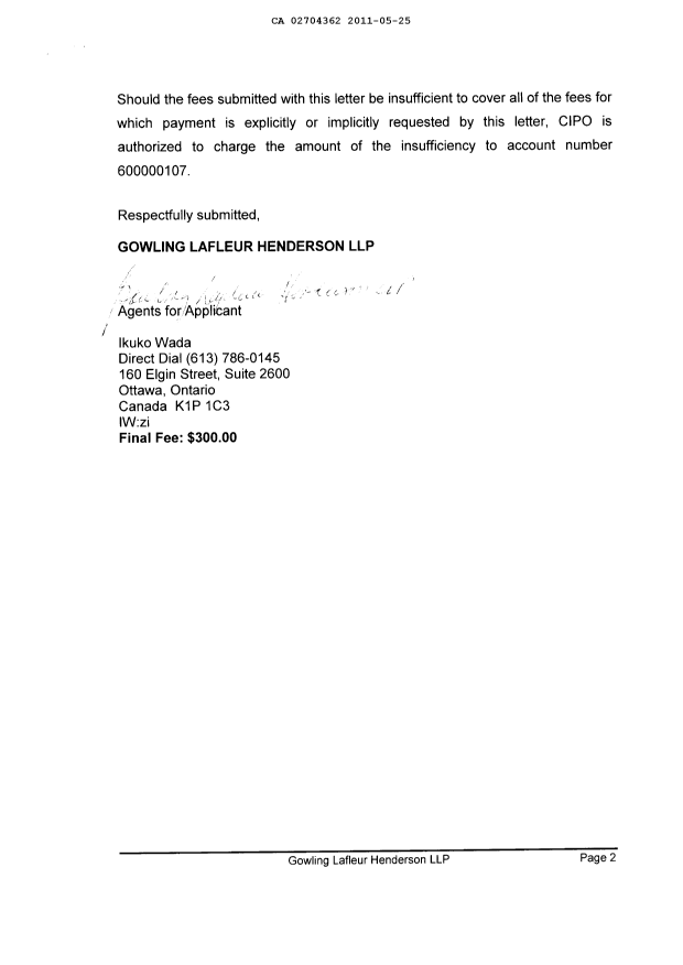 Document de brevet canadien 2704362. Correspondance 20101225. Image 2 de 2