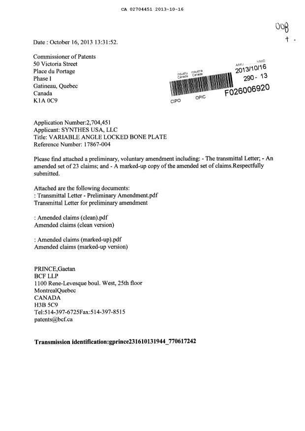 Document de brevet canadien 2704451. Poursuite-Amendment 20131016. Image 1 de 14