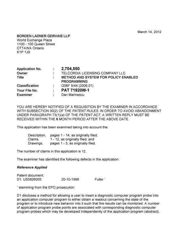 Canadian Patent Document 2704550. Prosecution-Amendment 20120314. Image 1 of 3