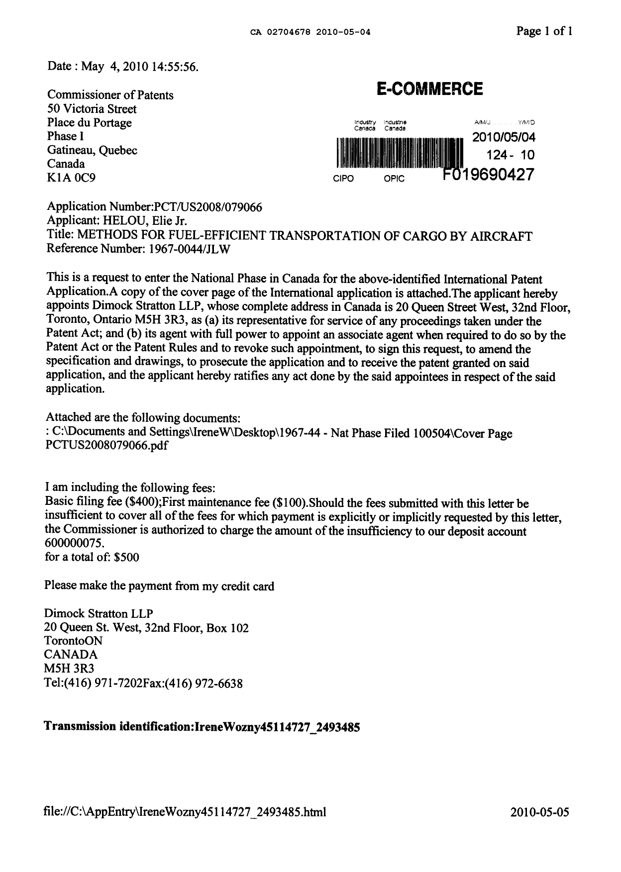 Document de brevet canadien 2704678. Cession 20091204. Image 1 de 3