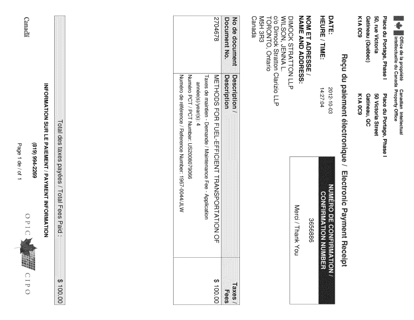 Document de brevet canadien 2704678. Taxes 20111203. Image 1 de 1