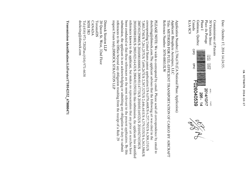 Document de brevet canadien 2704678. Correspondance 20131217. Image 1 de 1