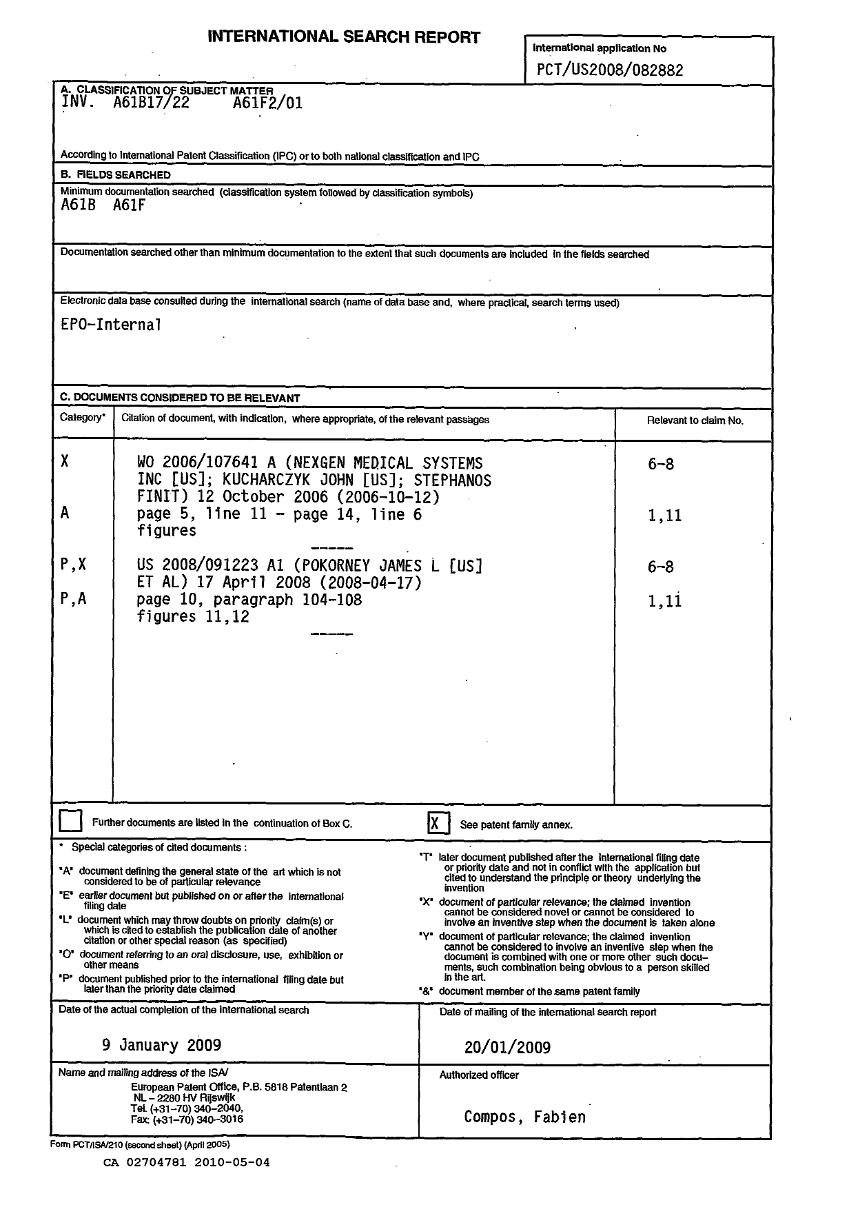 Document de brevet canadien 2704781. PCT 20100504. Image 1 de 3