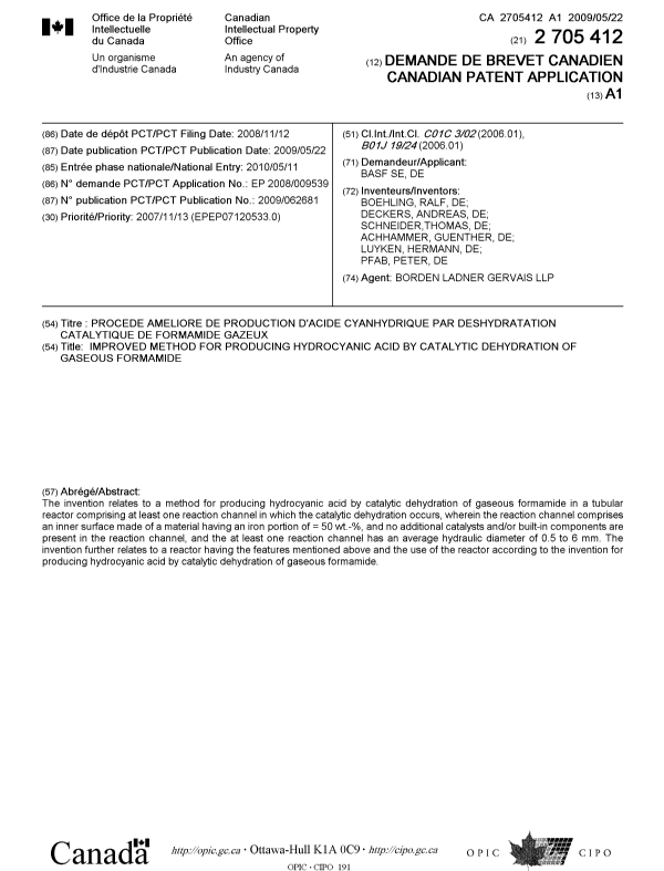 Canadian Patent Document 2705412. Cover Page 20100729. Image 1 of 1