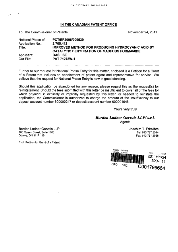 Canadian Patent Document 2705412. Correspondence 20111124. Image 1 of 3