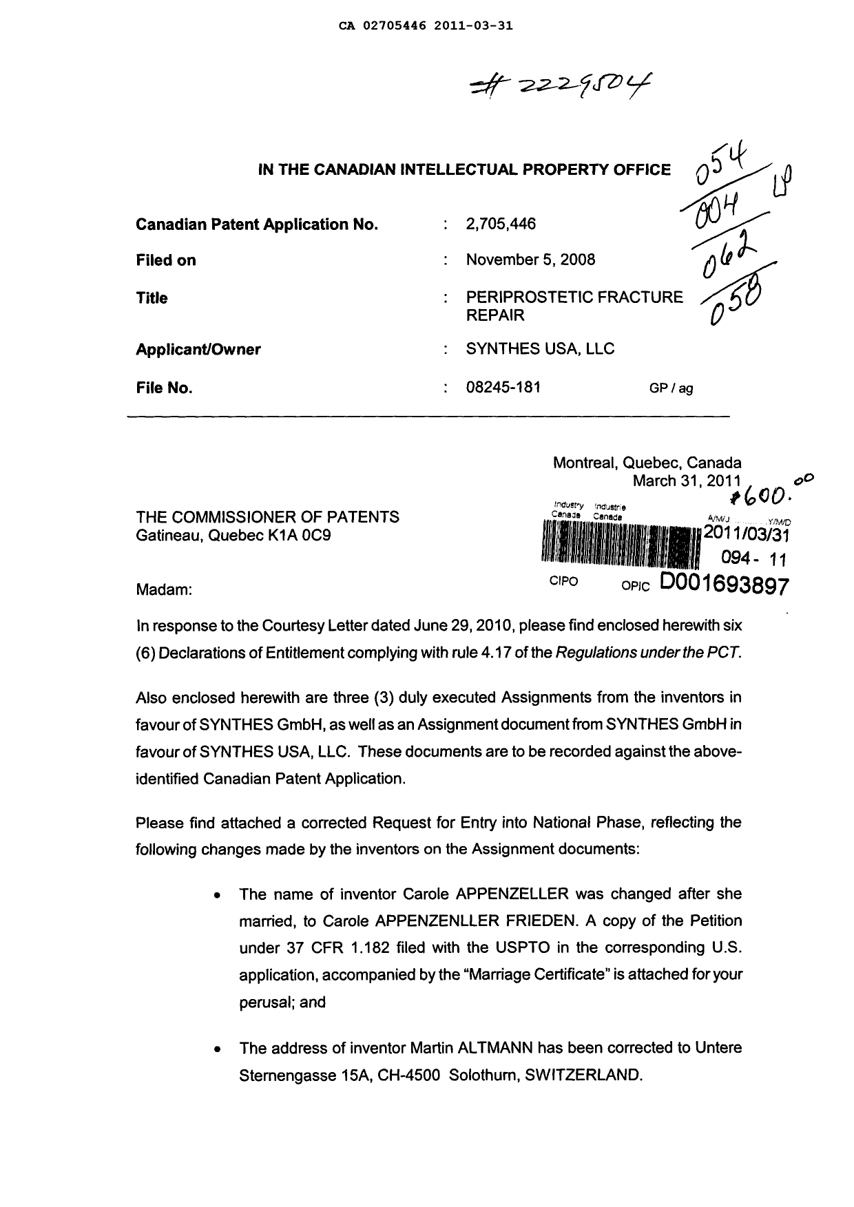 Canadian Patent Document 2705446. Correspondence 20110331. Image 1 of 8