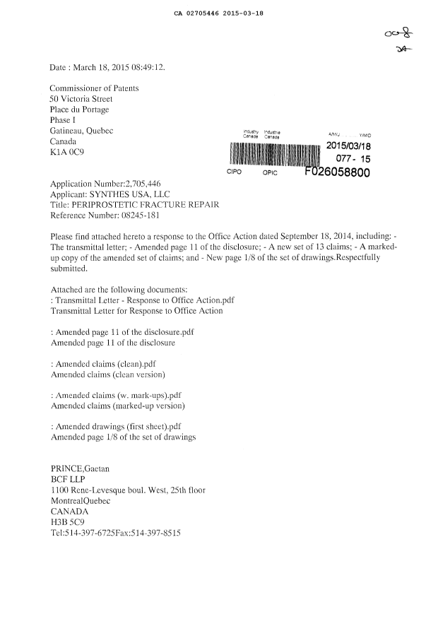 Document de brevet canadien 2705446. Poursuite-Amendment 20150318. Image 1 de 13