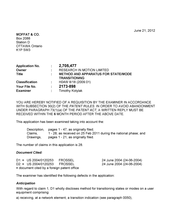 Document de brevet canadien 2705477. Poursuite-Amendment 20120621. Image 1 de 4
