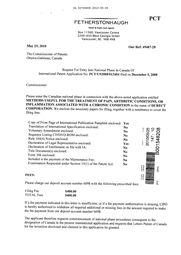 Canadian Patent Document 2706658. Assignment 20100525. Image 1 of 3