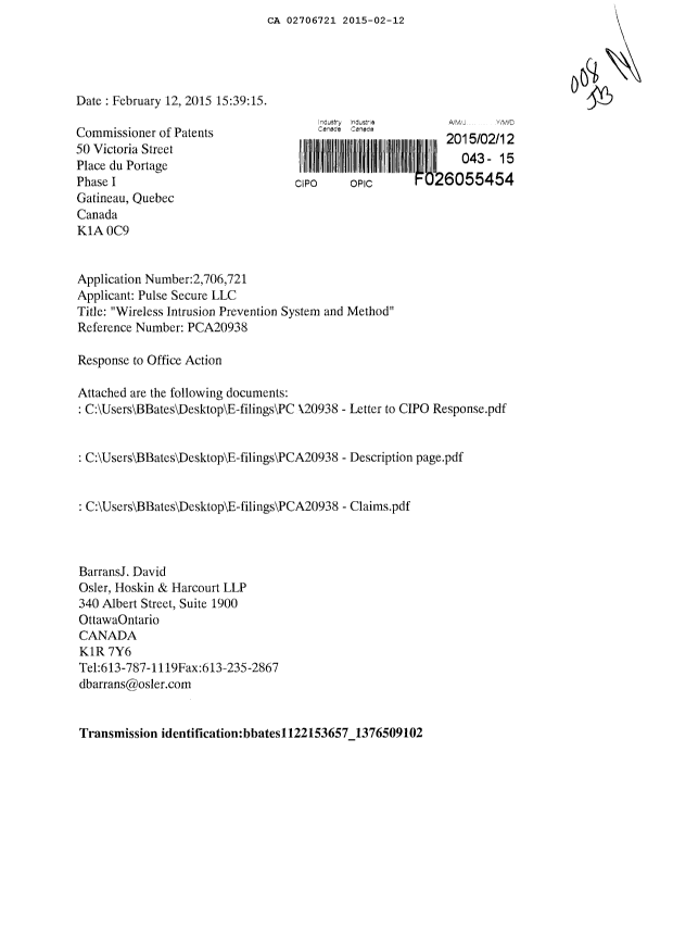 Document de brevet canadien 2706721. Poursuite-Amendment 20150212. Image 1 de 8
