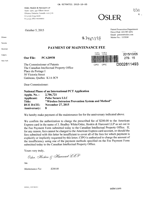 Document de brevet canadien 2706721. Paiement de taxe périodique 20151005. Image 1 de 1