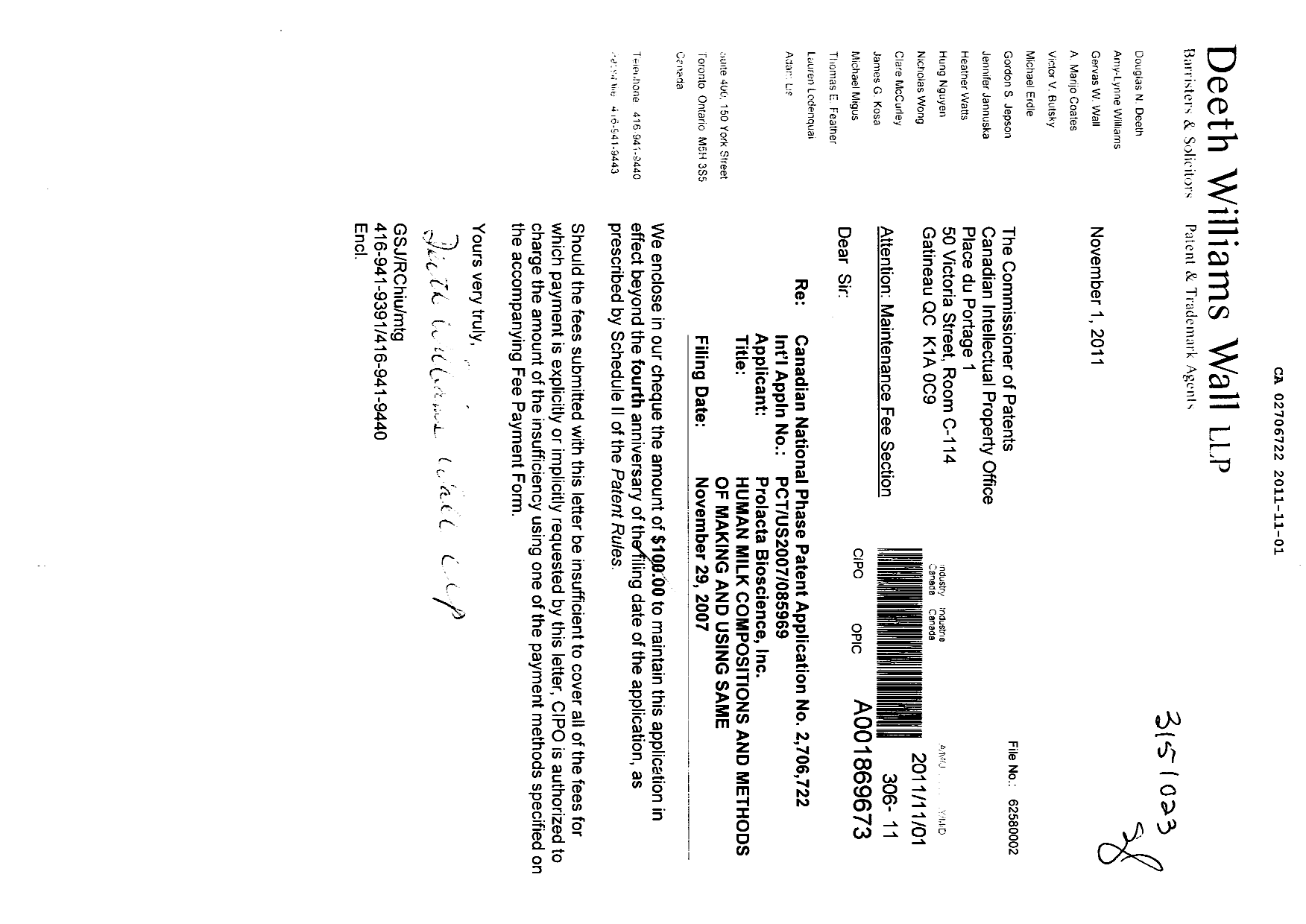 Canadian Patent Document 2706722. Fees 20101201. Image 1 of 1