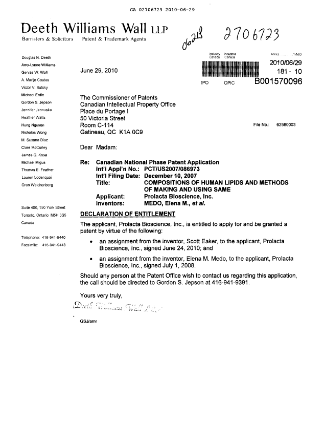 Canadian Patent Document 2706723. Correspondence 20091229. Image 1 of 1