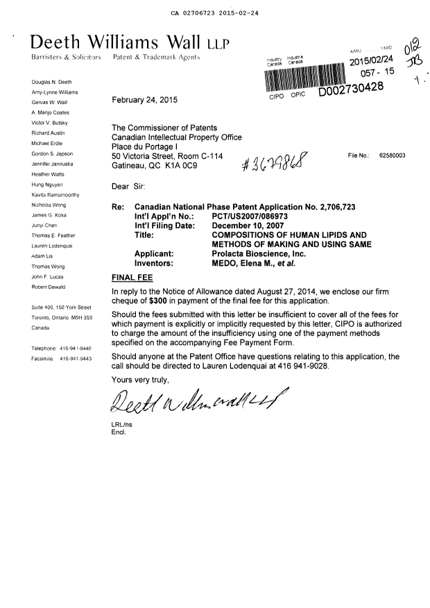 Canadian Patent Document 2706723. Correspondence 20141224. Image 1 of 1