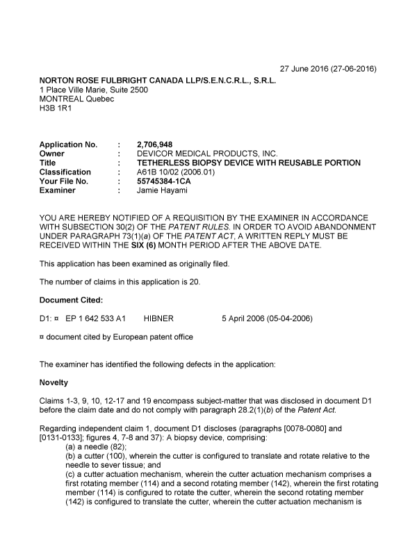 Canadian Patent Document 2706948. Examiner Requisition 20160627. Image 1 of 3