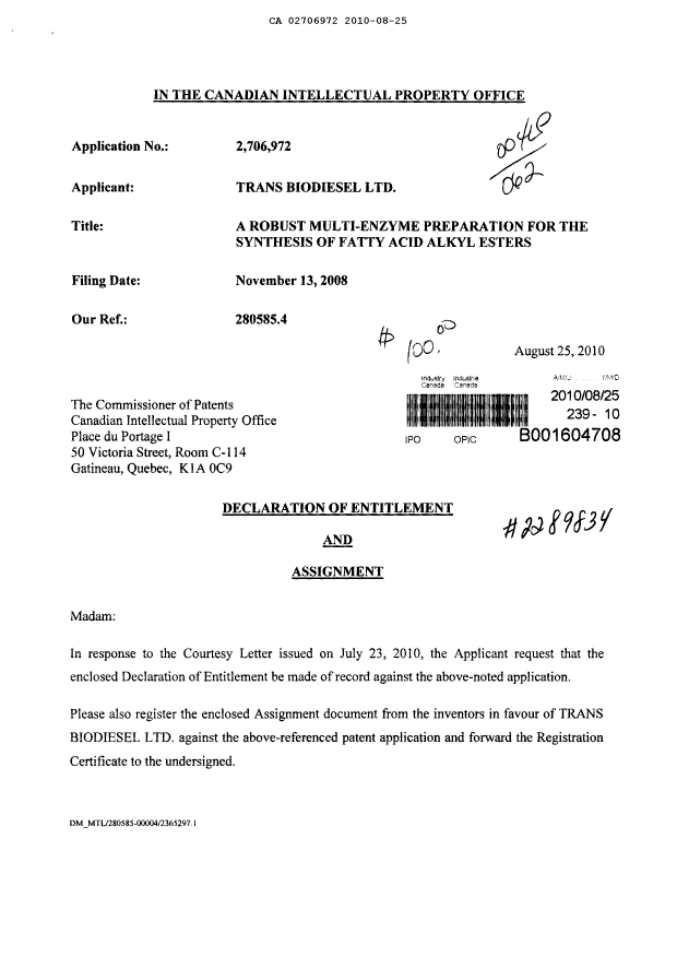Document de brevet canadien 2706972. Correspondance 20091225. Image 1 de 4
