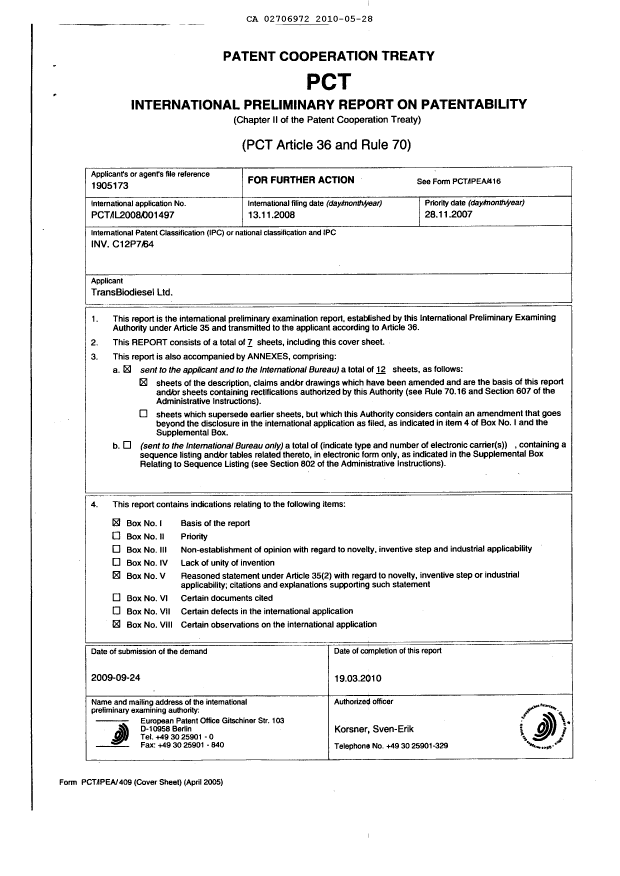 Canadian Patent Document 2706972. PCT 20091228. Image 1 of 19