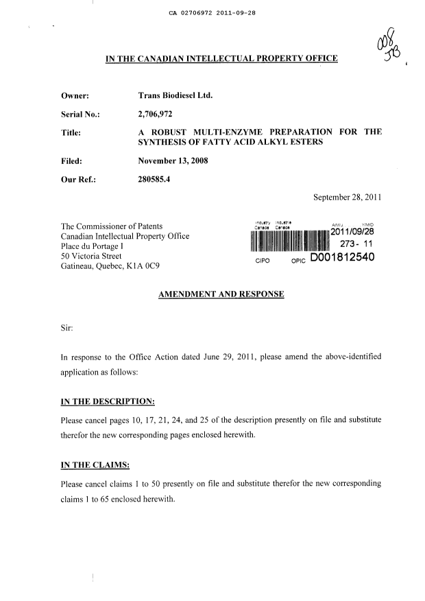 Canadian Patent Document 2706972. Prosecution-Amendment 20101228. Image 1 of 34