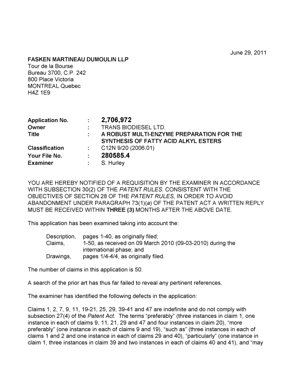 Document de brevet canadien 2706972. Poursuite-Amendment 20101229. Image 1 de 4