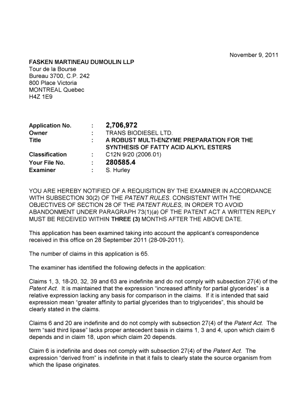 Document de brevet canadien 2706972. Poursuite-Amendment 20111109. Image 1 de 3