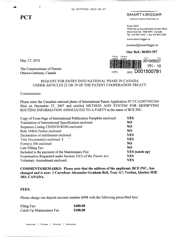 Canadian Patent Document 2707020. Assignment 20100527. Image 1 of 7