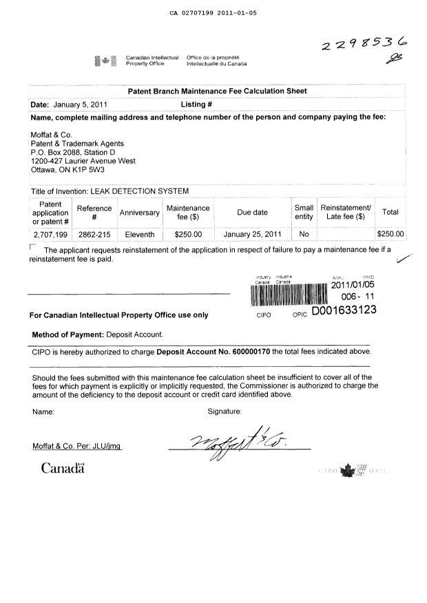 Canadian Patent Document 2707199. Fees 20110105. Image 1 of 1