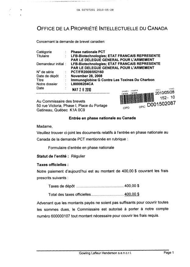 Document de brevet canadien 2707201. Cession 20100528. Image 1 de 4