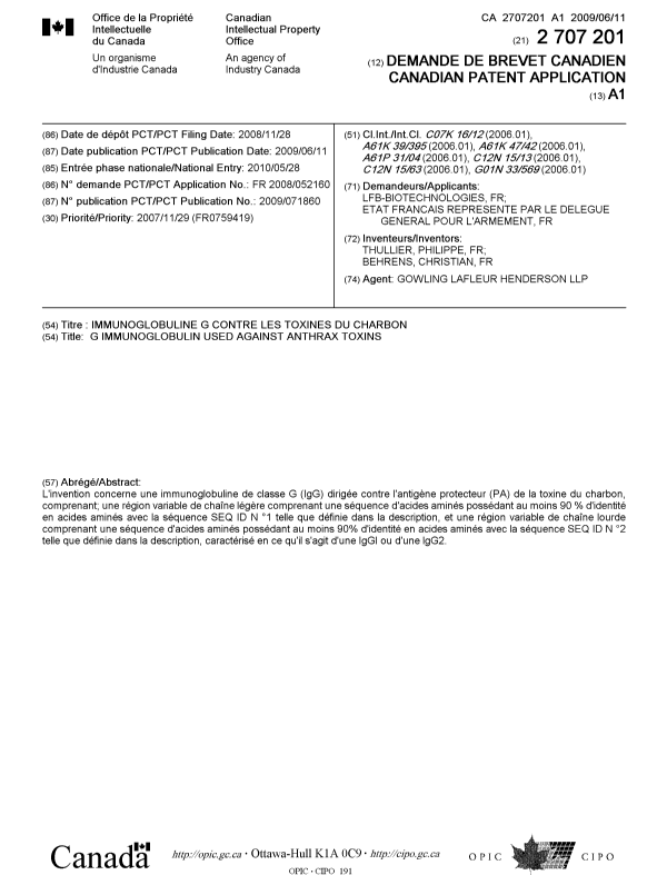 Document de brevet canadien 2707201. Page couverture 20100810. Image 1 de 1