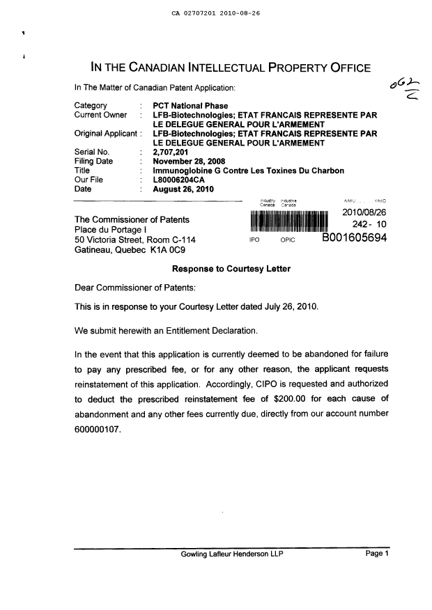 Document de brevet canadien 2707201. Correspondance 20100826. Image 1 de 3