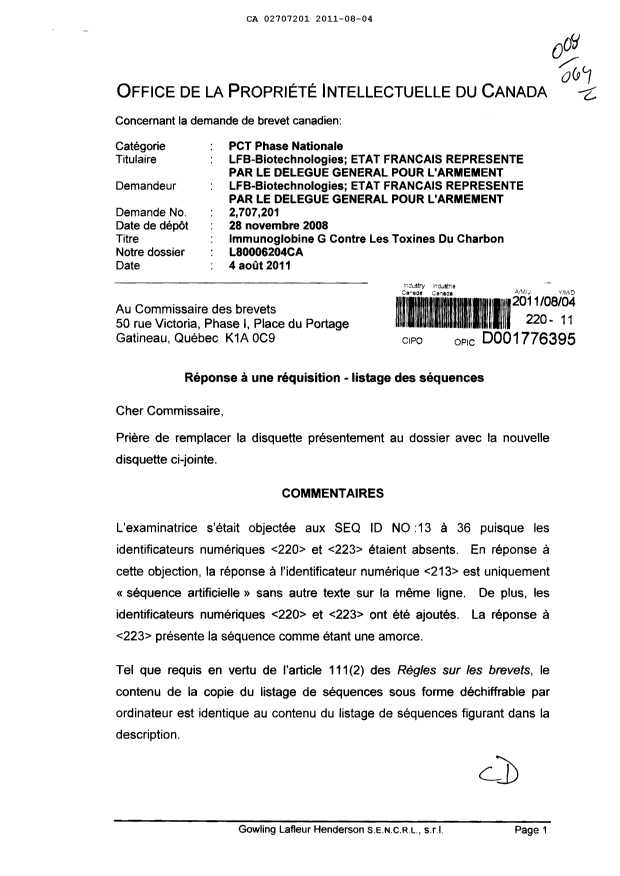 Document de brevet canadien 2707201. Poursuite-Amendment 20110804. Image 1 de 2