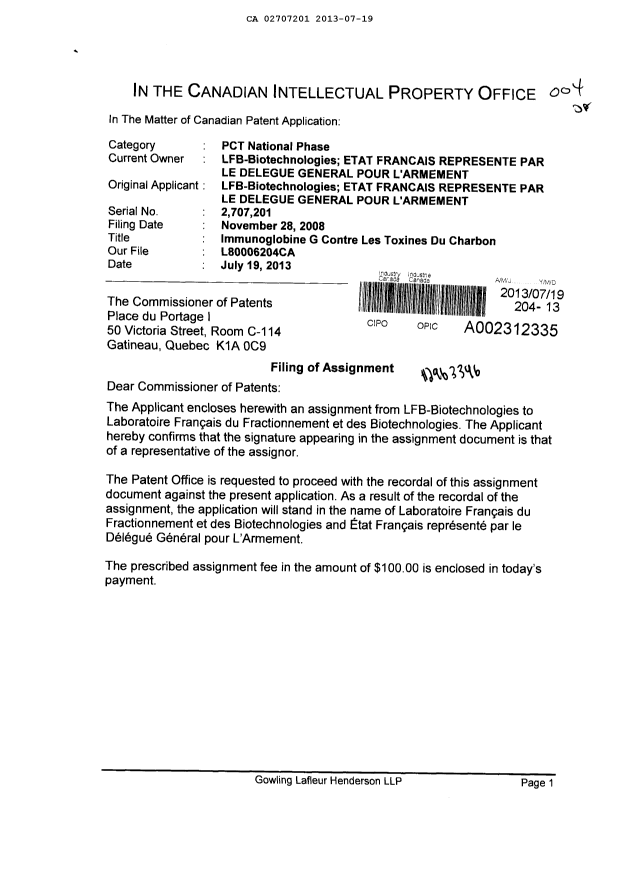 Document de brevet canadien 2707201. Cession 20130719. Image 1 de 6