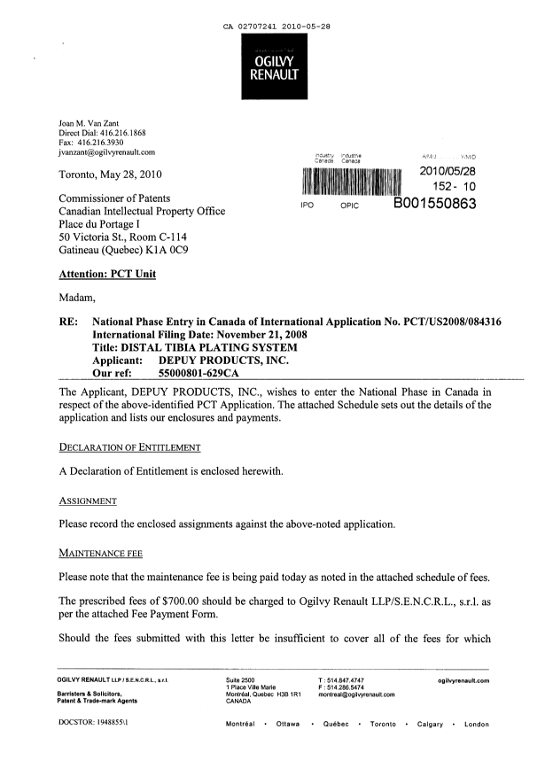 Document de brevet canadien 2707241. Cession 20100528. Image 1 de 13